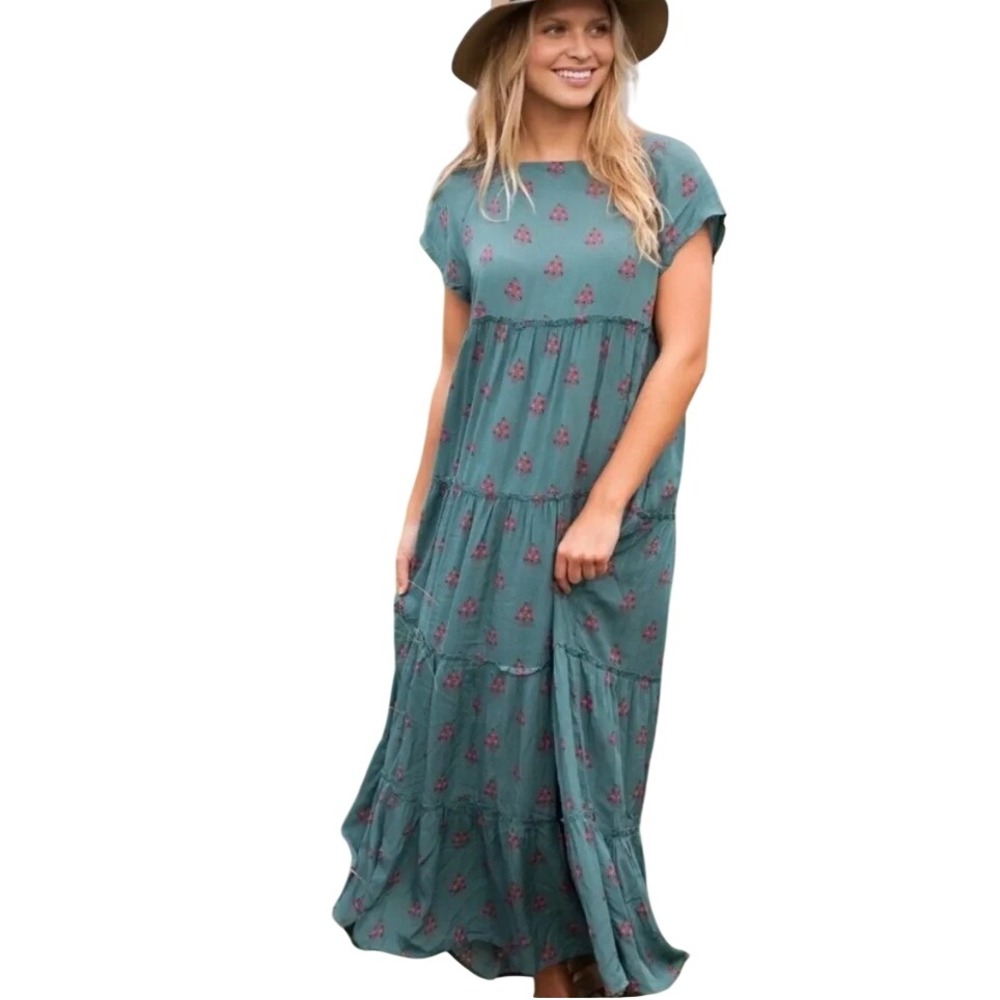 Natural Life Blue Floral Tiered Maxi Dress Square Neck Boho L/XL